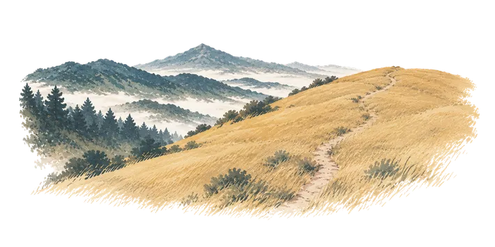 A grassy hillside trail above fog and distant ridges